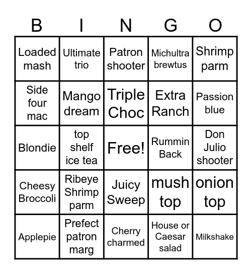 Applebees Bingo Card