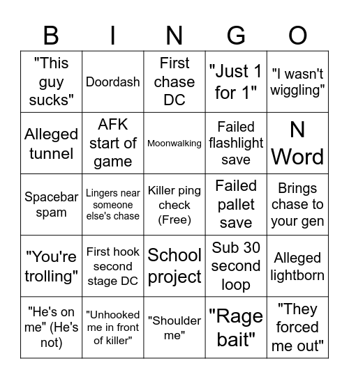 Vince DBD Bingo Card