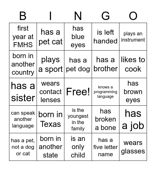 Discovery Bingo Card