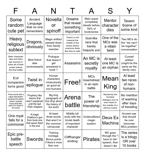 High Fantasy Bingo Card