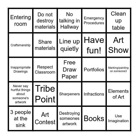 Art Class Bingo Card