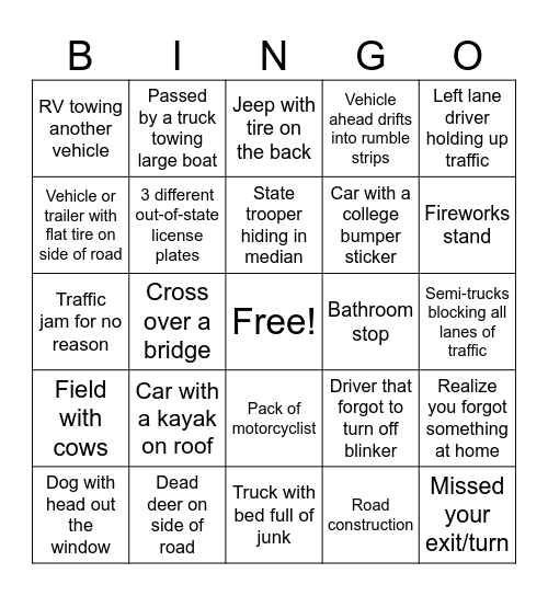 Family Vacation Bing Bingo Card