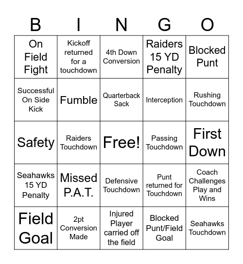 Thursday Night Football Bingo Card