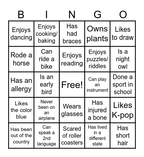 Human Treasure Hunt Bingo Card