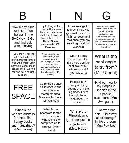 LHNE Classroom Scavenger Hunt Bingo Card