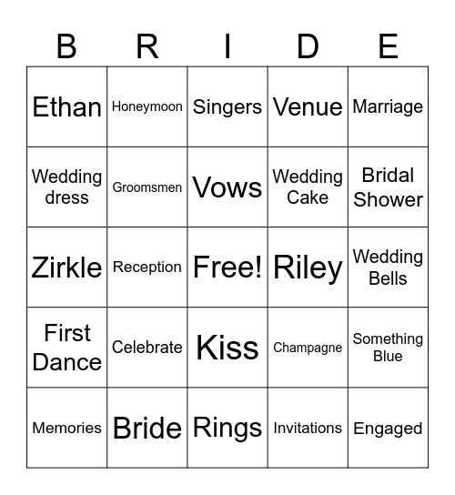 Bridal Shower Bingo Card