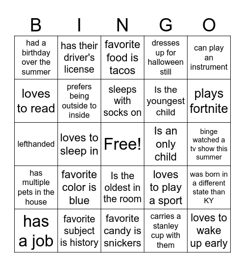 1st Day of School Bingo- Ms. Joyce Bingo Card