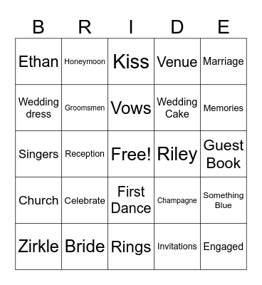 Bridal Shower Bingo Card