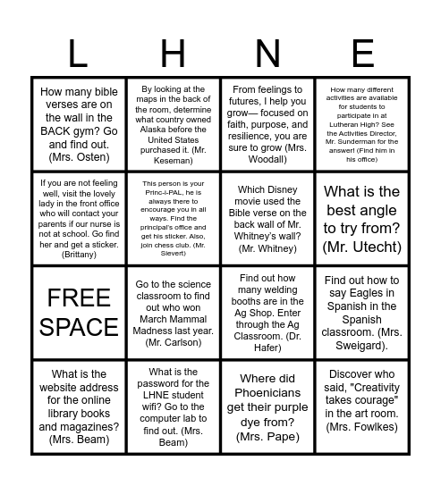 LHNE Classroom Scavenger Hunt Bingo Card