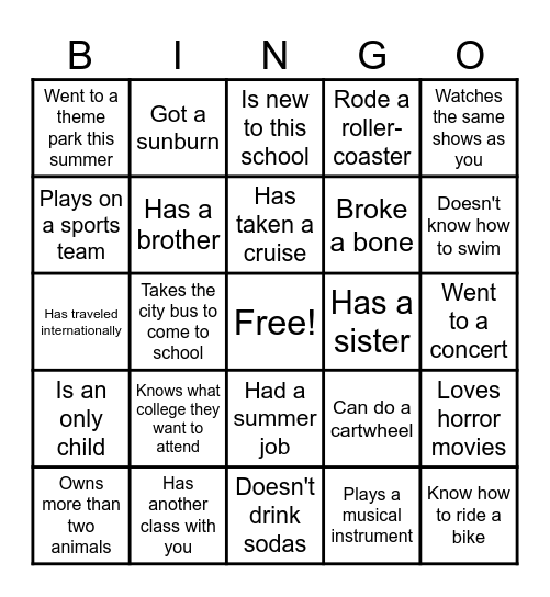 Classroom Bingo Card