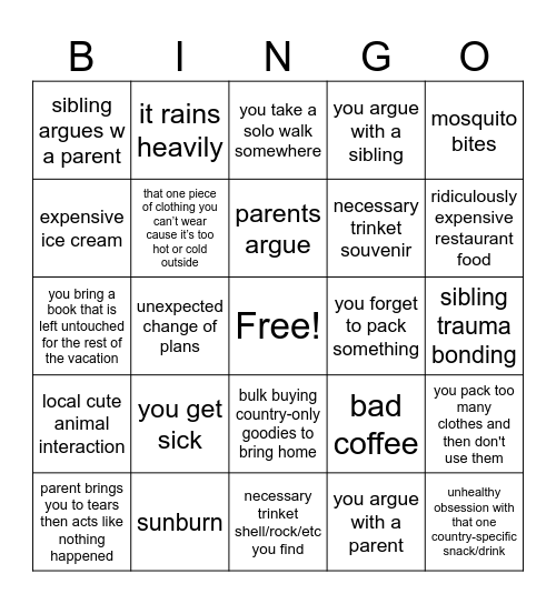 family vacation Bingo Card