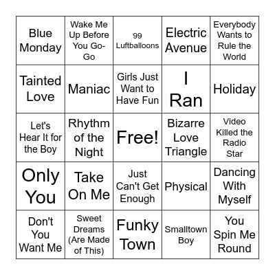 ‘80s Synth & Dance Bingo Card