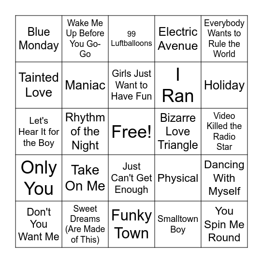 ‘80s Synth & Dance Bingo Card