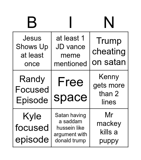 South Park s27 episode 2 Bingo Card