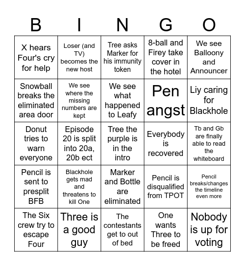 BFDI:TPOT:20 Bingo Card