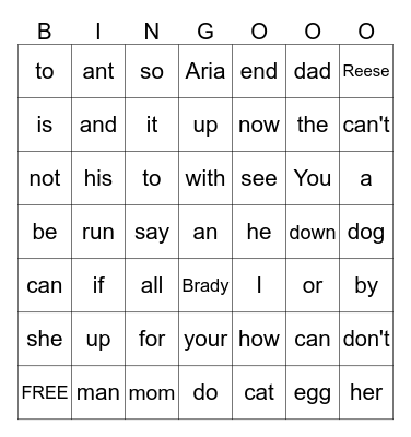 Sight Words Bingo Card