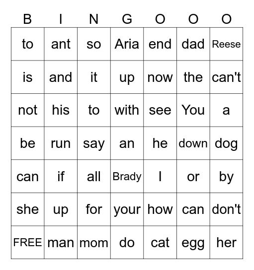 Sight Words Bingo Card