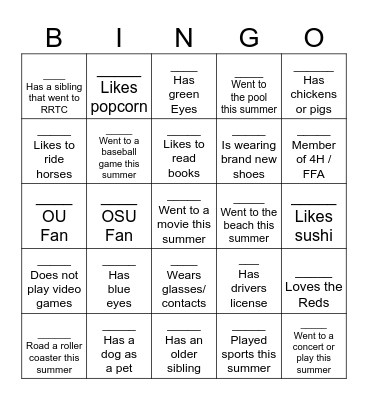 Back to School Bingo Card