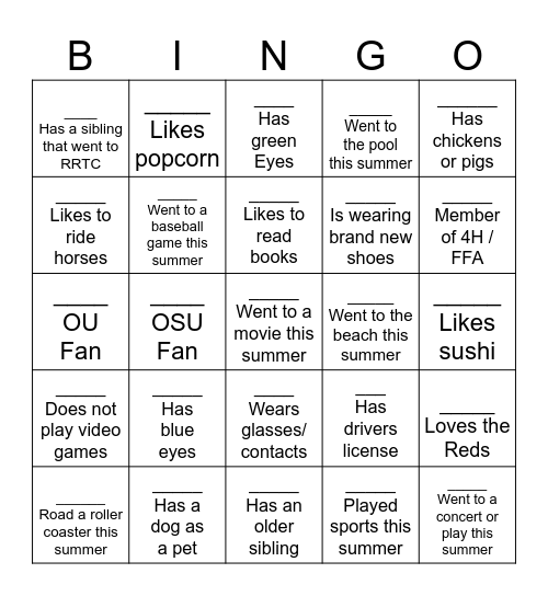 Back to School Bingo Card