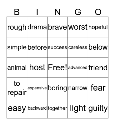Antonym BINGO Card