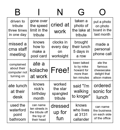 Tribute Team Bingo Card