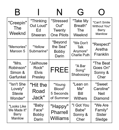 Musical Bingo Card