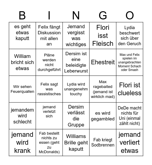 Urlaub Bingo Card