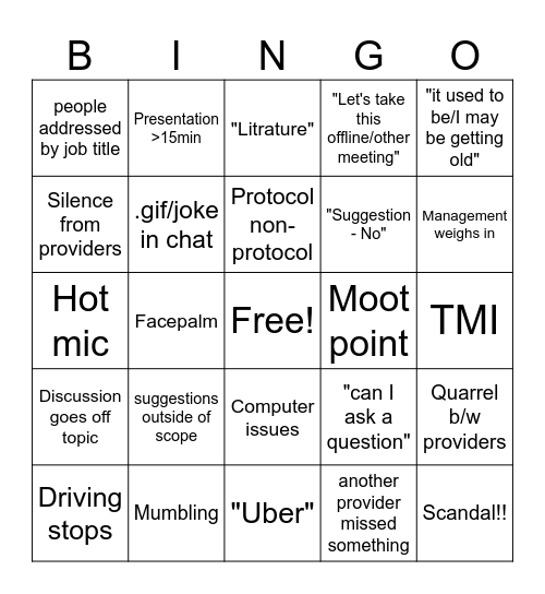 Committee Bingo Card
