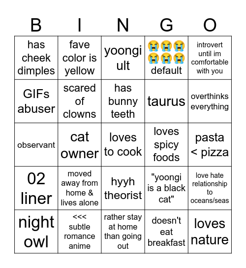 kai's bingo card Bingo Card