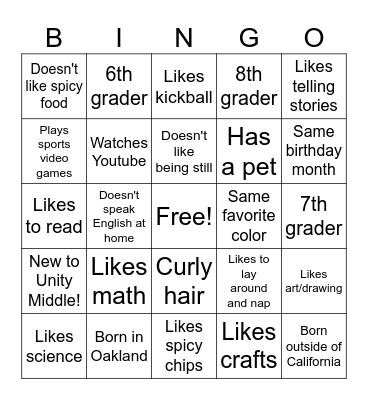 Get to know you! Bingo Card
