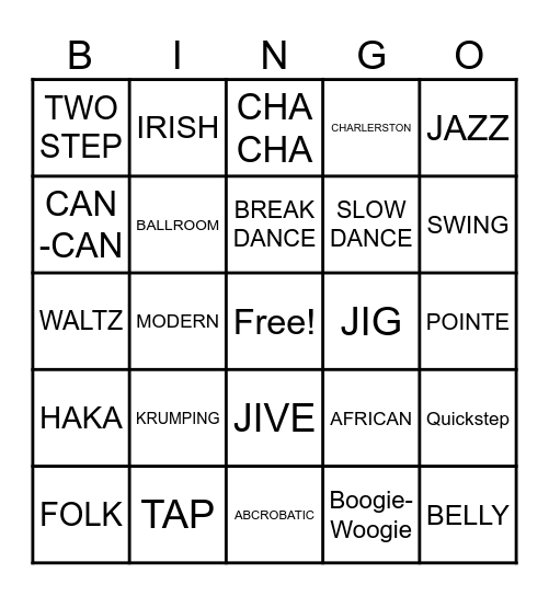 Dance Bingo Card