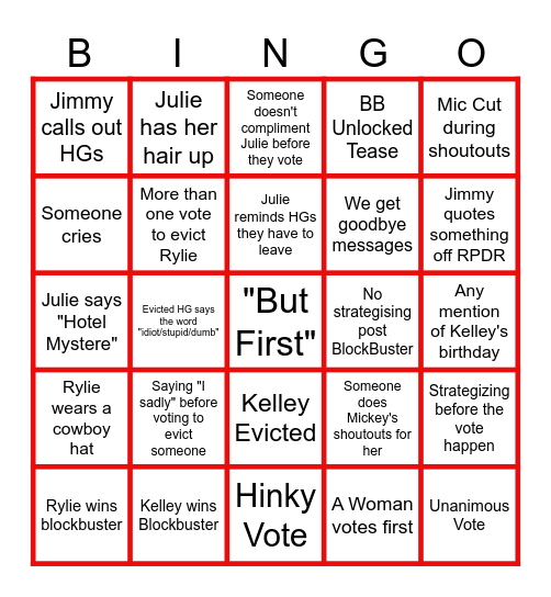 BB27 Week 4 Eviction Episode Bingo Card
