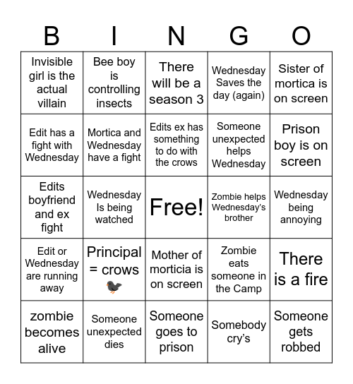 Wednesday season 2 Bingo Card