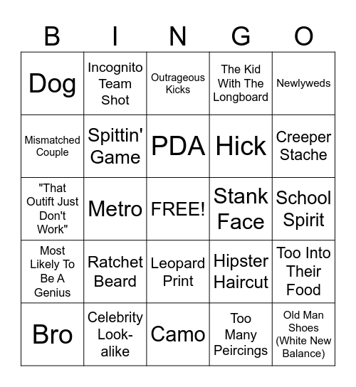MALL PEOPLE WATCHING BINGO!!!!!!!! Bingo Card