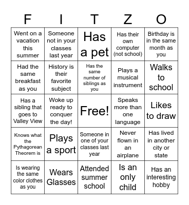 High School Classmate Bingo Card
