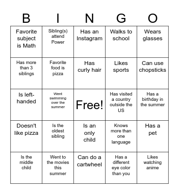 Classmate Bingo Card