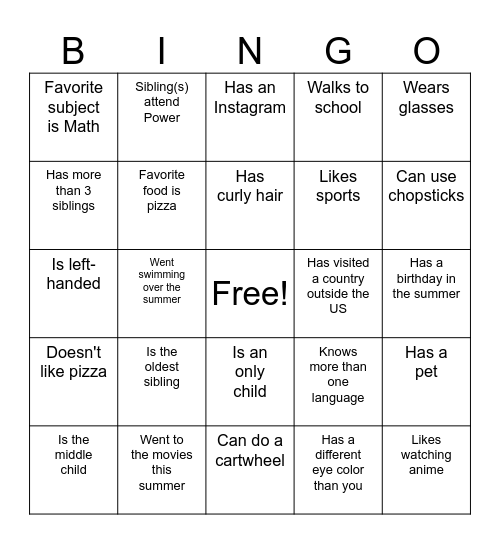 Classmate Bingo Card