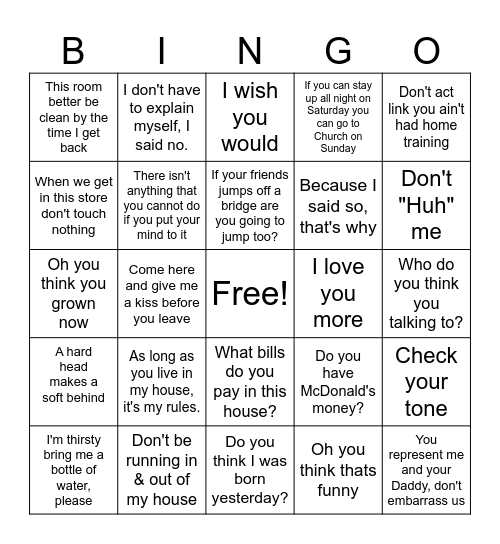 Black Mama Sayings Bingo Card