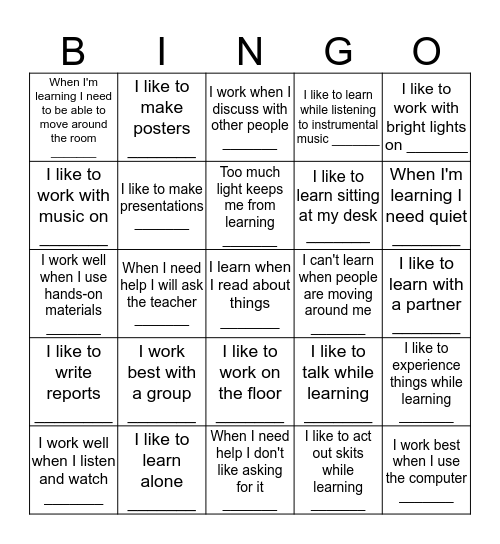 Find Someone Who Learning Styles Bingo Card