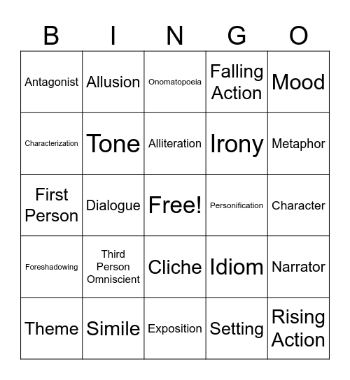 Literary Terms Bingo Card