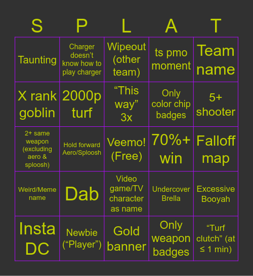Splatoon Bingo! Bingo Card