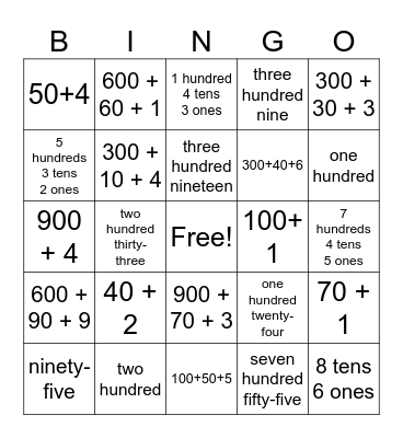 Number Representation Bingo Card