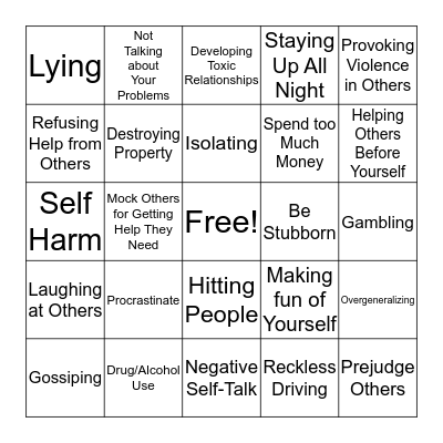 Negative Coping Skills Bingo Card