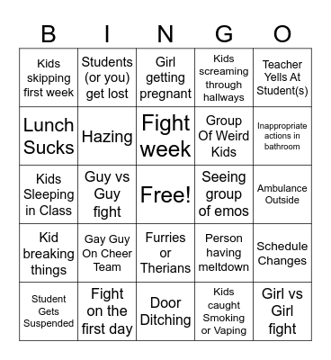 School Bingo Card