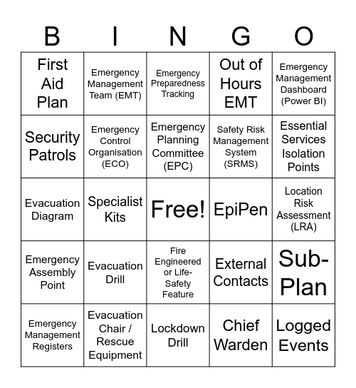 Emergency Management Bingo Card