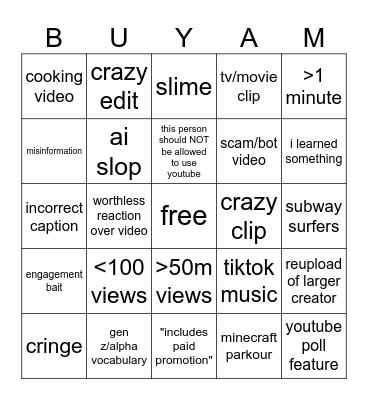 yt shorts bingo Card