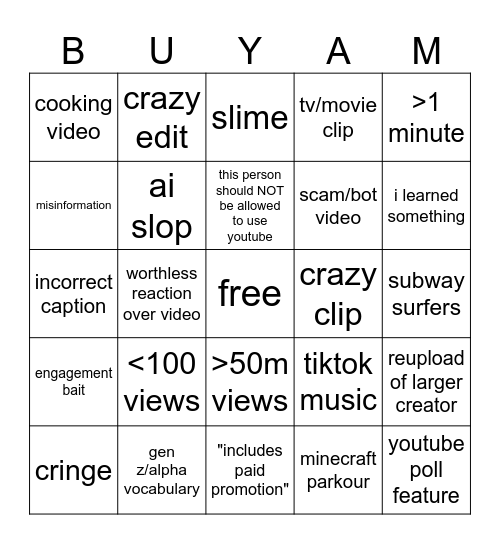 yt shorts bingo Card