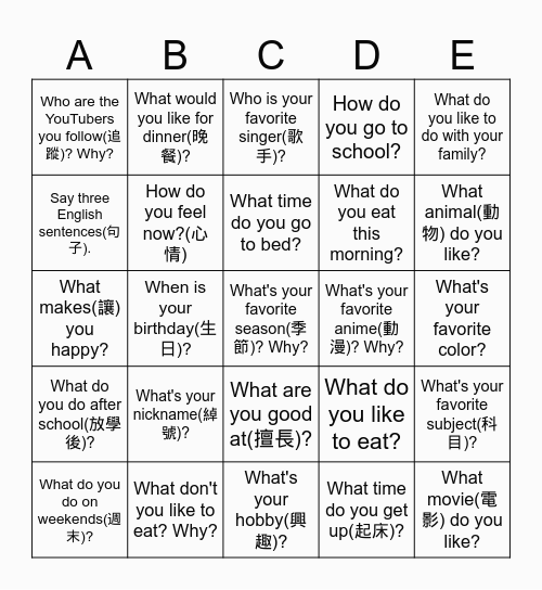 All About You Bingo Card