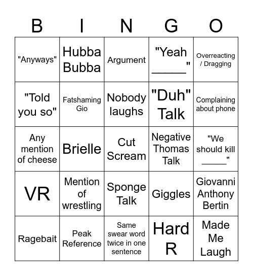 Gavin Bingo Card