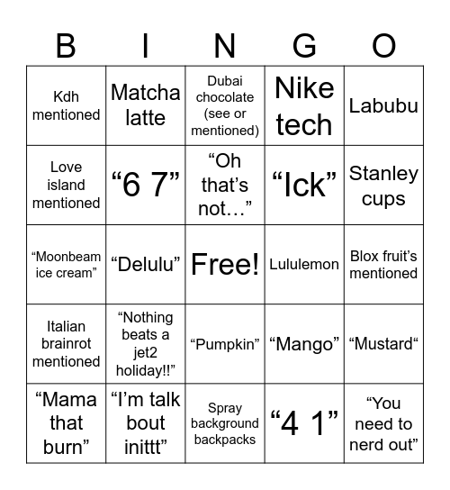 Consumerism/brainrot school week bingo card Bingo Card